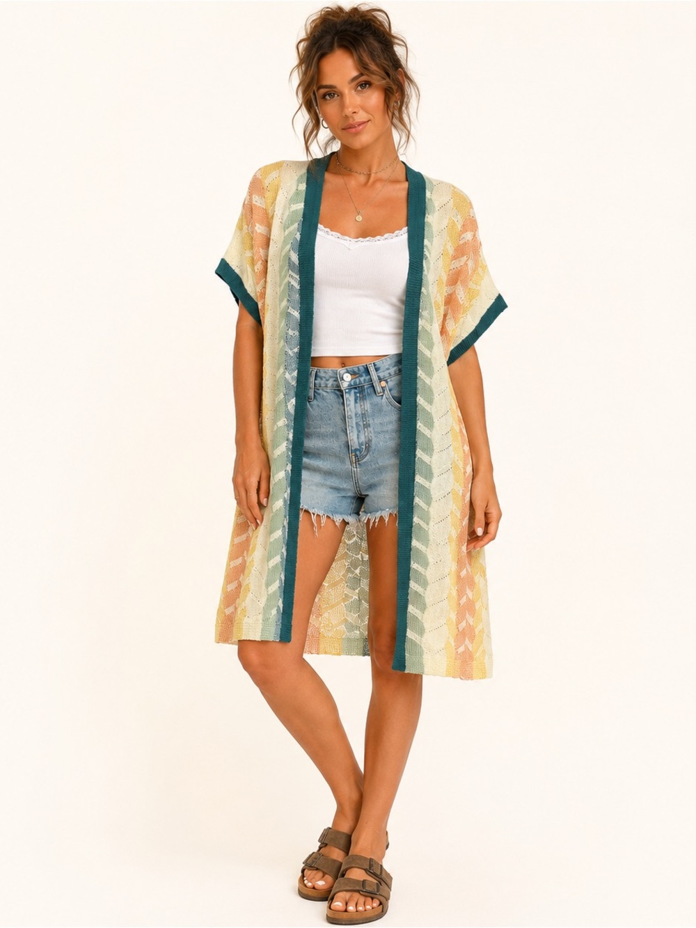 Autumn Skye Pastel Chevron Knit Longline Open Front Cardigan S